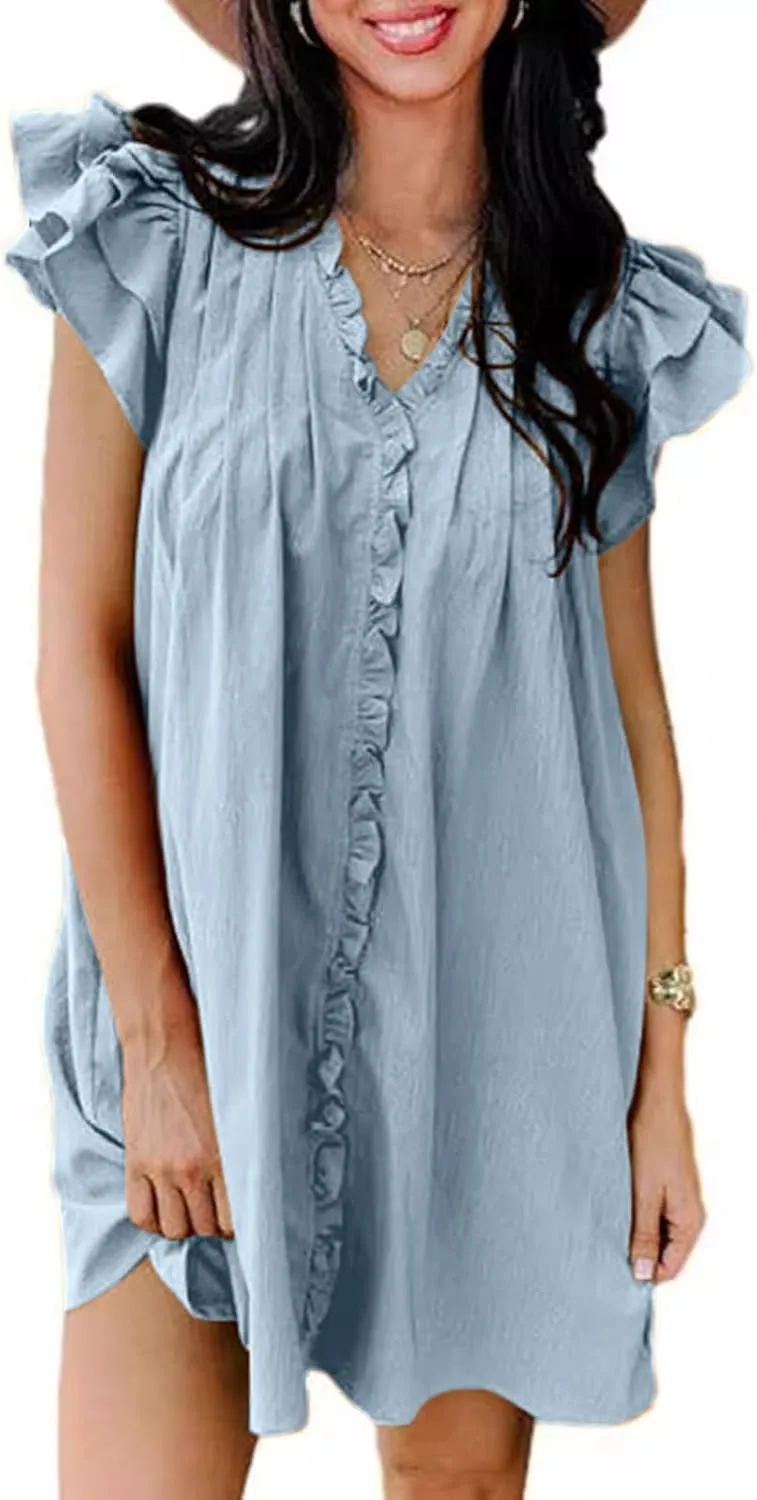 Womens 2024 Summer Tshirt Dresses Casual V-Neck Ruffle Cap Short Sleeve Mini Dress Loose Pleated Beach Sundress