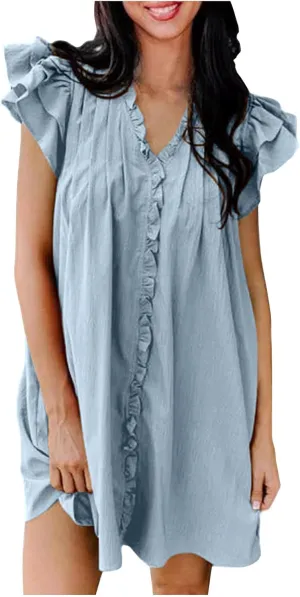 Womens 2024 Summer Tshirt Dresses Casual V-Neck Ruffle Cap Short Sleeve Mini Dress Loose Pleated Beach Sundress