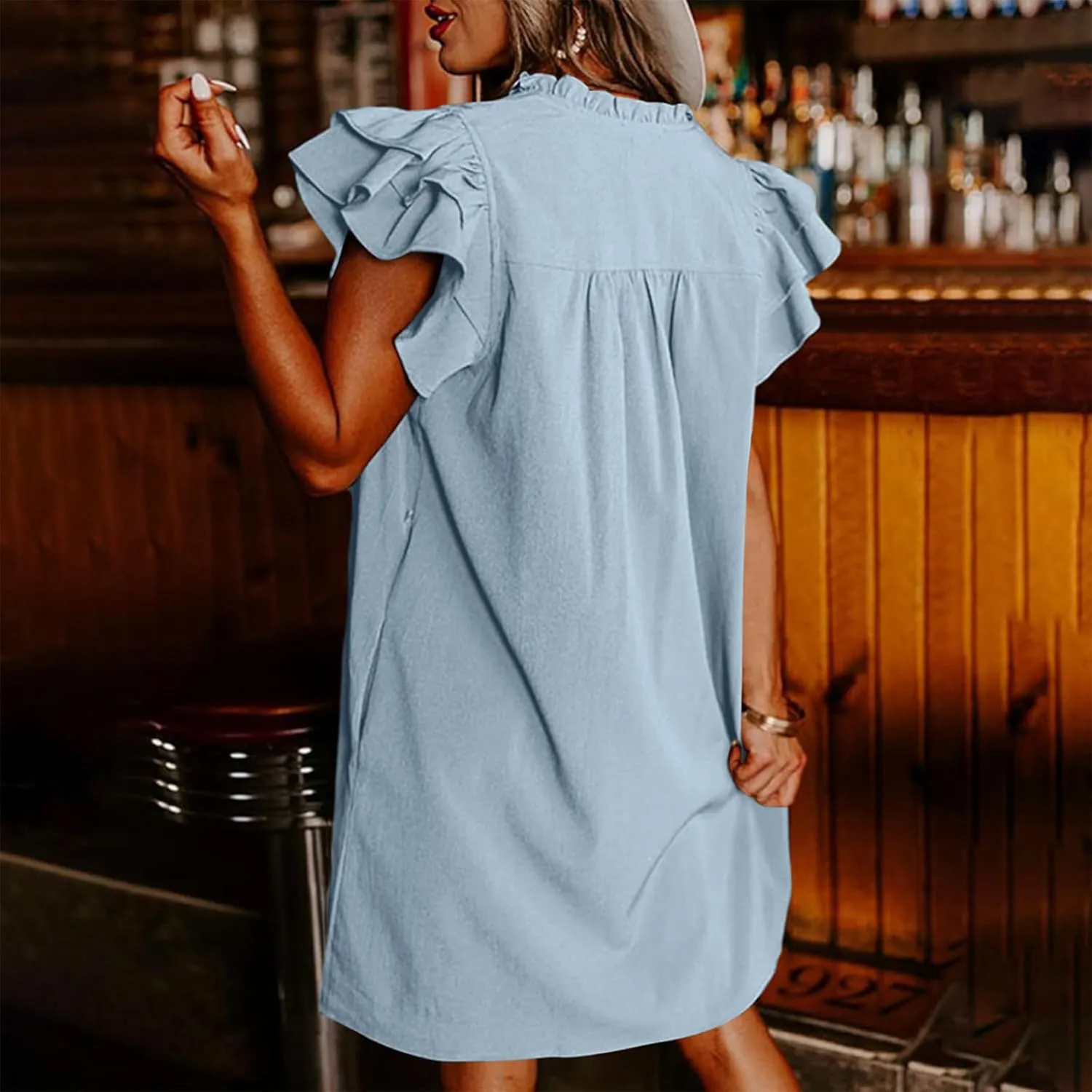 Womens 2024 Summer Tshirt Dresses Casual V-Neck Ruffle Cap Short Sleeve Mini Dress Loose Pleated Beach Sundress