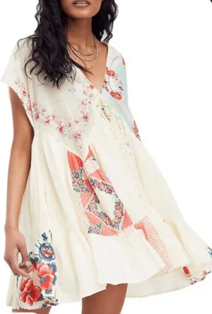 Womens Boho Mini Dress Y2k Floral Deep V-Neck Puff Sleeve Short Dresses Summer Causal Flowy Beach Sundress