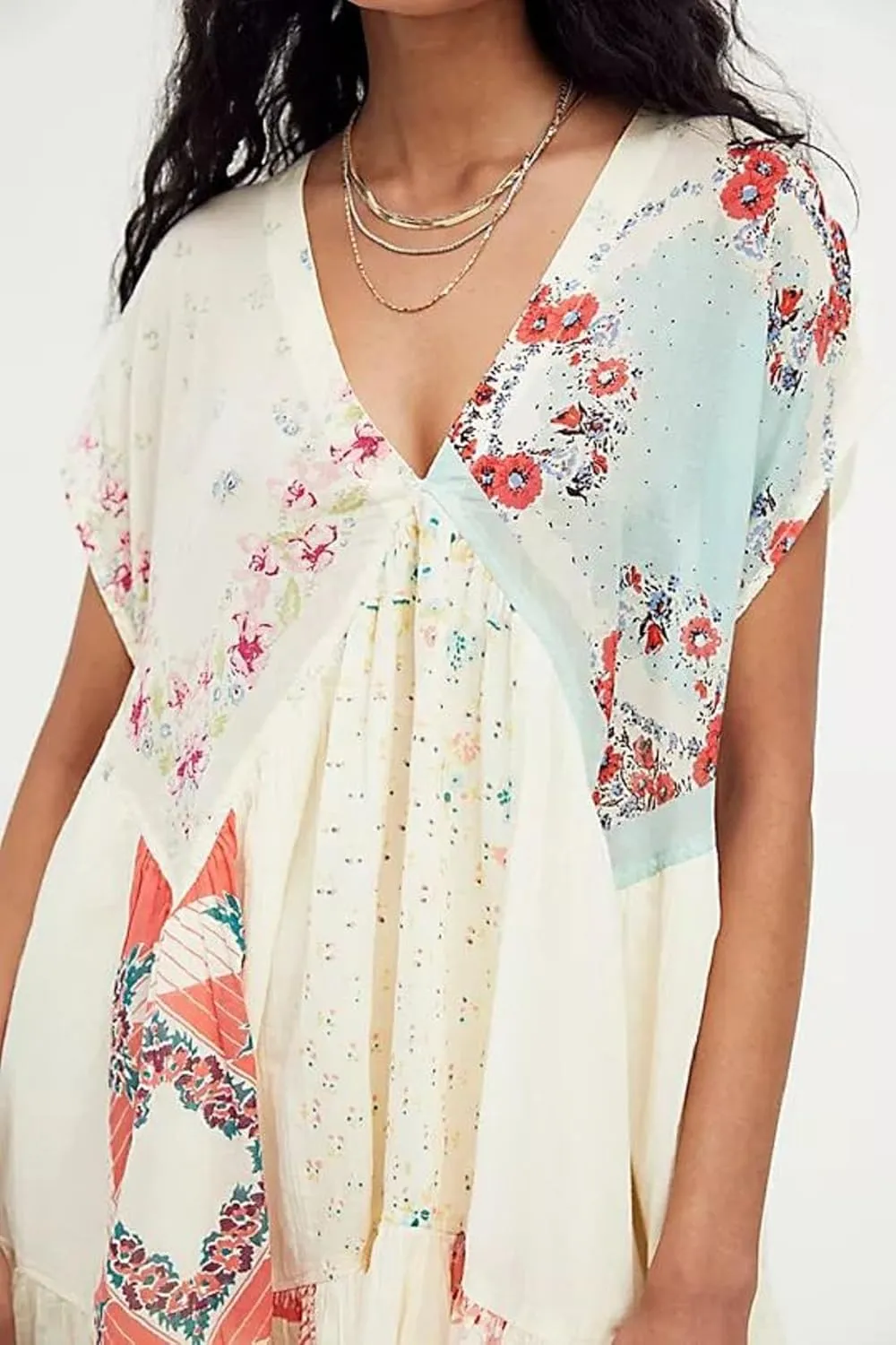 Womens Boho Mini Dress Y2k Floral Deep V-Neck Puff Sleeve Short Dresses Summer Causal Flowy Beach Sundress