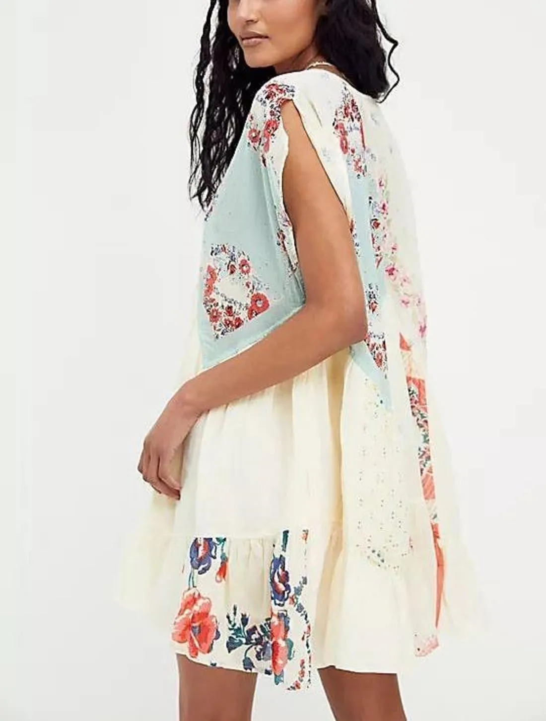 Womens Boho Mini Dress Y2k Floral Deep V-Neck Puff Sleeve Short Dresses Summer Causal Flowy Beach Sundress