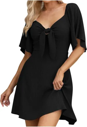 Women's Bow Tie Dresses 2025 Summer Casual Dress Elegant V-Neck Ruffle Short Sleeve Dresses Cocktail Party Mini Dress