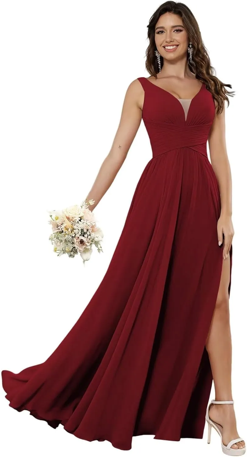Women's Bridesmaid Dresses Deep V Neck Chiffon Wedding Guest Evening Party Dress