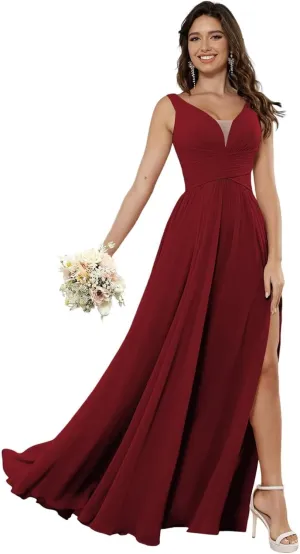 Women's Bridesmaid Dresses Deep V Neck Chiffon Wedding Guest Evening Party Dress