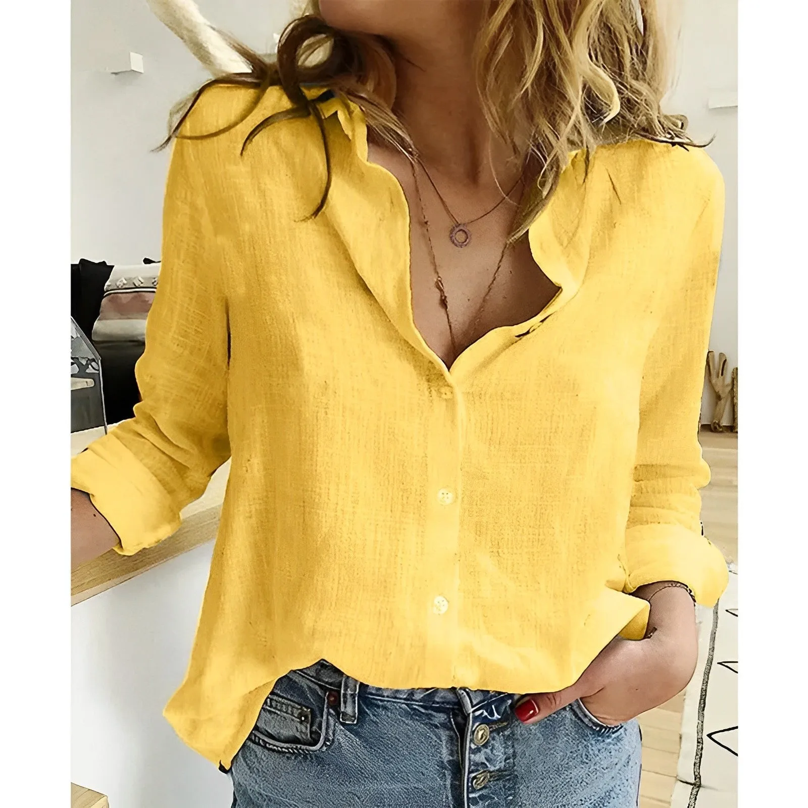 Womens Button-Up Shirt  Lightweight Cotton Linen  Relaxed Fit  Long Sleeve