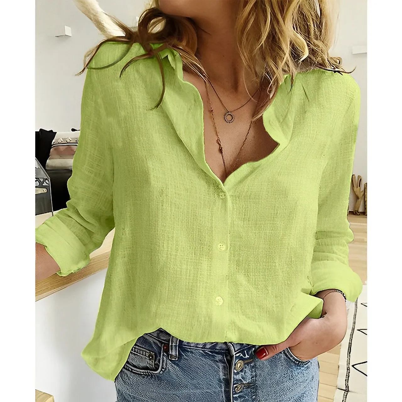 Womens Button-Up Shirt  Lightweight Cotton Linen  Relaxed Fit  Long Sleeve