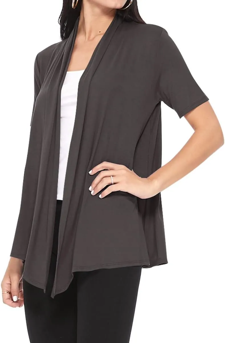Women's Casual Short Sleeve Draped Open Front Solid Cardigan