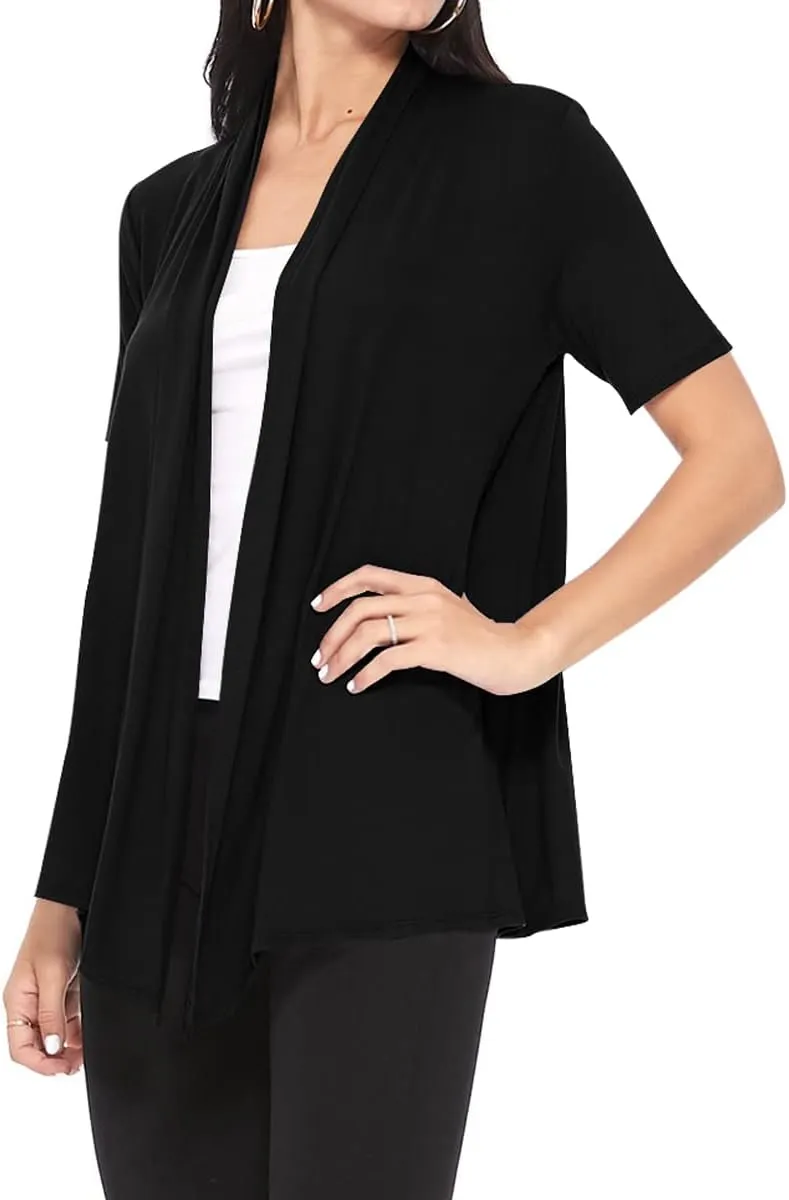 Women's Casual Short Sleeve Draped Open Front Solid Cardigan
