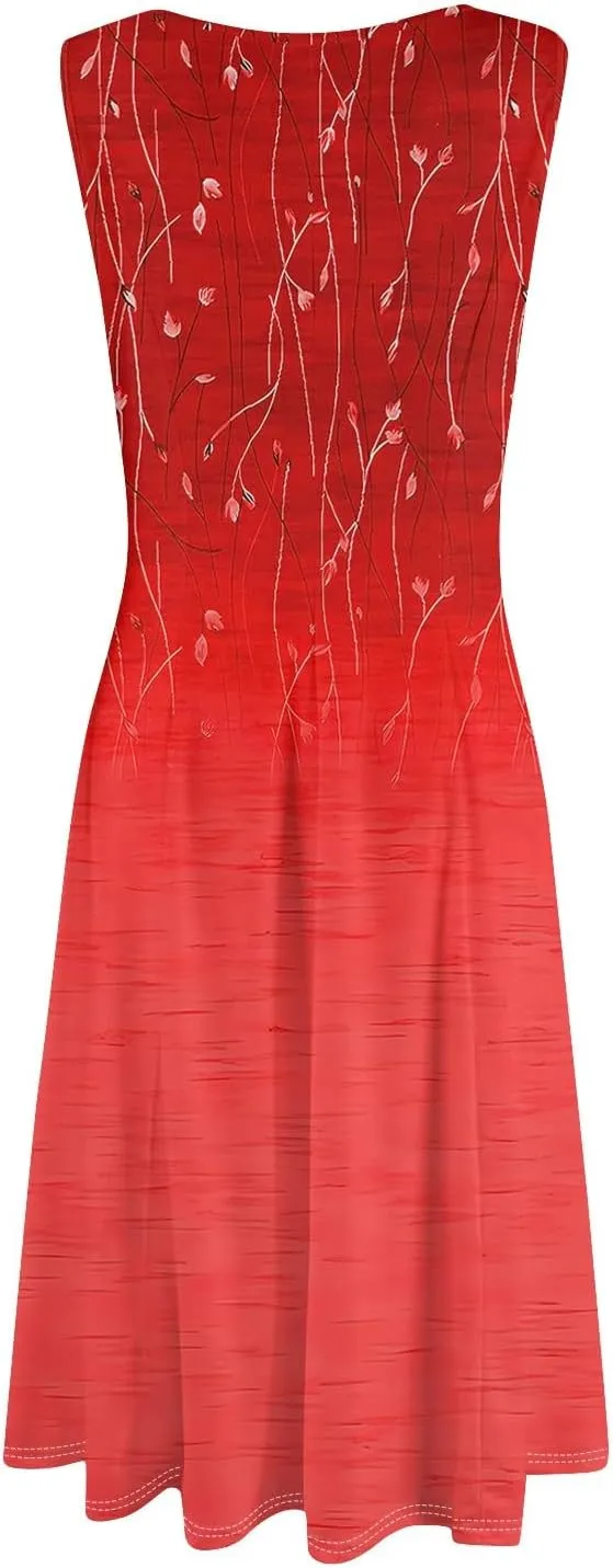 Womens Cocktail Sundresses,Formal Crew Neck Plus Size A Line Midi Dresses Casual Floral Smocked Flowy Tank Dress