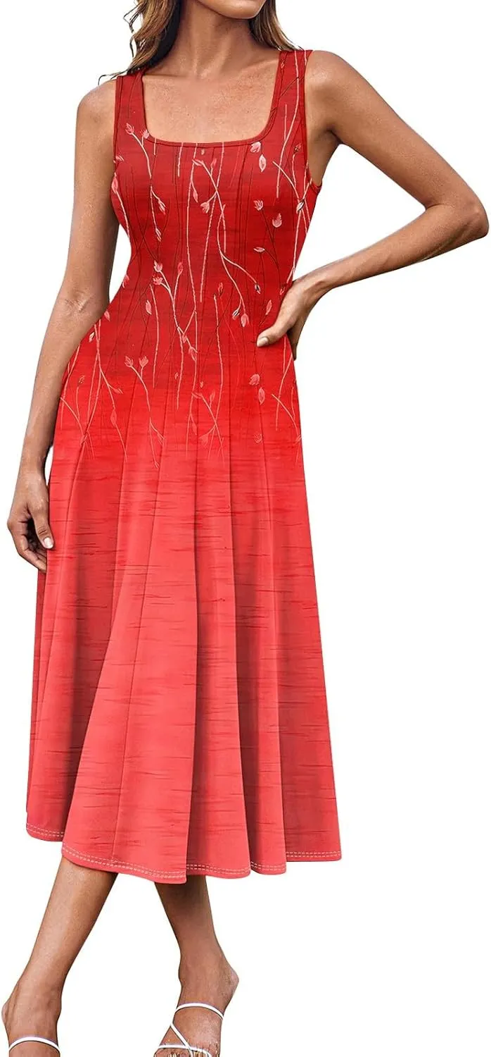 Womens Cocktail Sundresses,Formal Crew Neck Plus Size A Line Midi Dresses Casual Floral Smocked Flowy Tank Dress