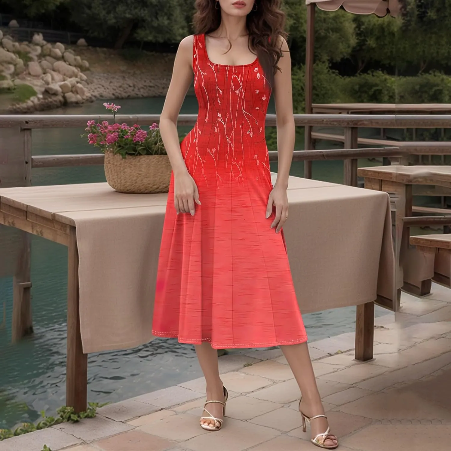 Womens Cocktail Sundresses,Formal Crew Neck Plus Size A Line Midi Dresses Casual Floral Smocked Flowy Tank Dress