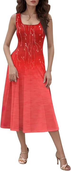Womens Cocktail Sundresses,Formal Crew Neck Plus Size A Line Midi Dresses Casual Floral Smocked Flowy Tank Dress