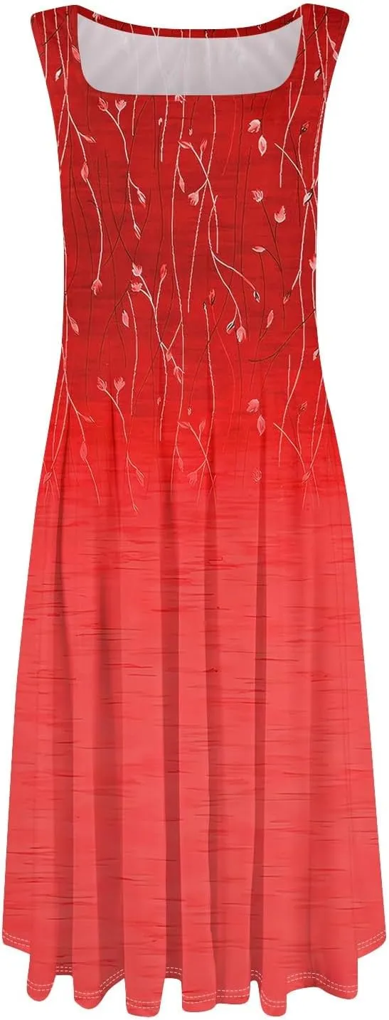 Womens Cocktail Sundresses,Formal Crew Neck Plus Size A Line Midi Dresses Casual Floral Smocked Flowy Tank Dress