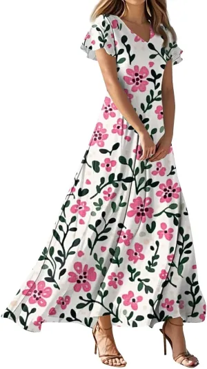 Women's Cute Summer Dresses V Neck Flutter Sleeve Floral Smocked Ruffle Elegant Maxi Sundress 2025 Casual, Xs-2Xl