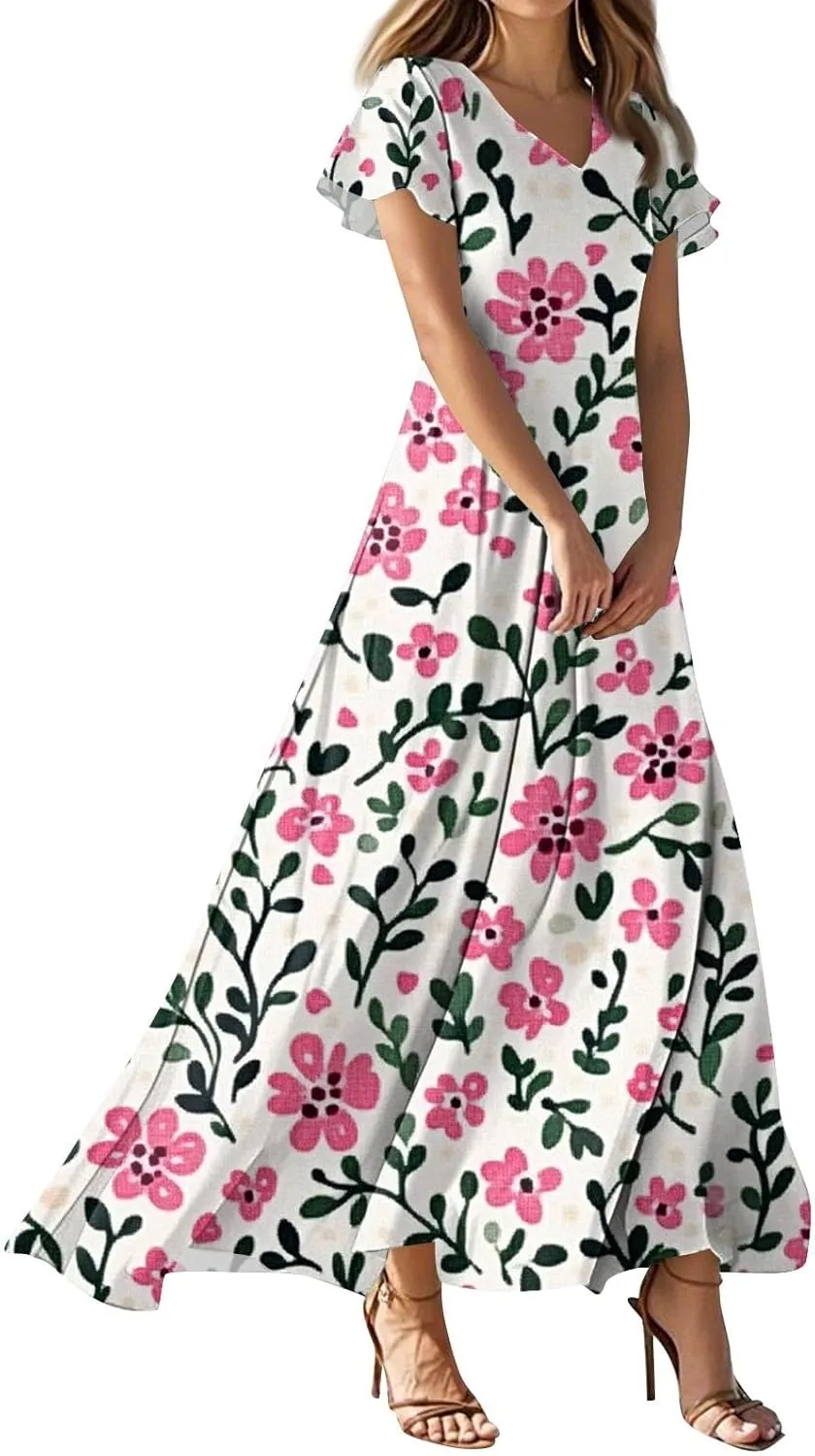 Women's Cute Summer Dresses V Neck Flutter Sleeve Floral Smocked Ruffle Elegant Maxi Sundress 2025 Casual, Xs-2Xl