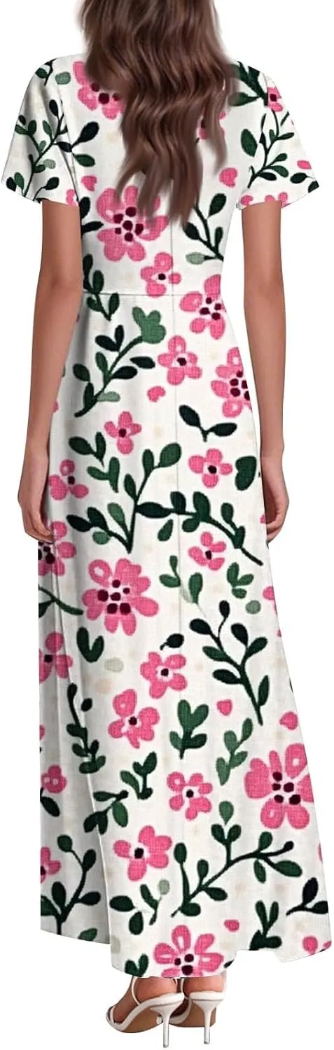 Women's Cute Summer Dresses V Neck Flutter Sleeve Floral Smocked Ruffle Elegant Maxi Sundress 2025 Casual, Xs-2Xl
