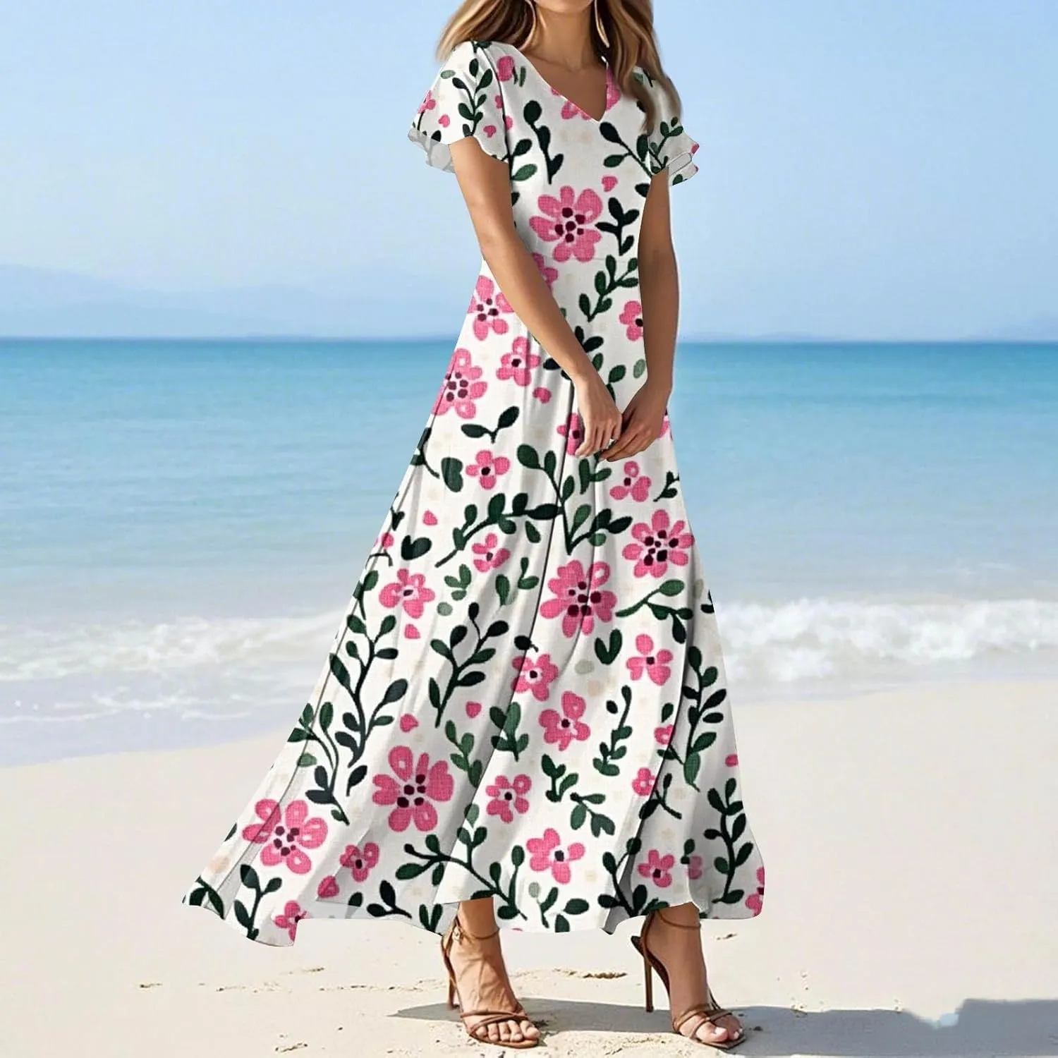 Women's Cute Summer Dresses V Neck Flutter Sleeve Floral Smocked Ruffle Elegant Maxi Sundress 2025 Casual, Xs-2Xl