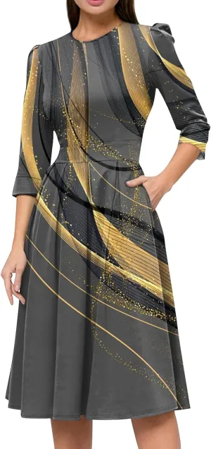 Women's Fall Casual Long Sleeve Crew Neck Printed Back Zipper Dress with Pockets