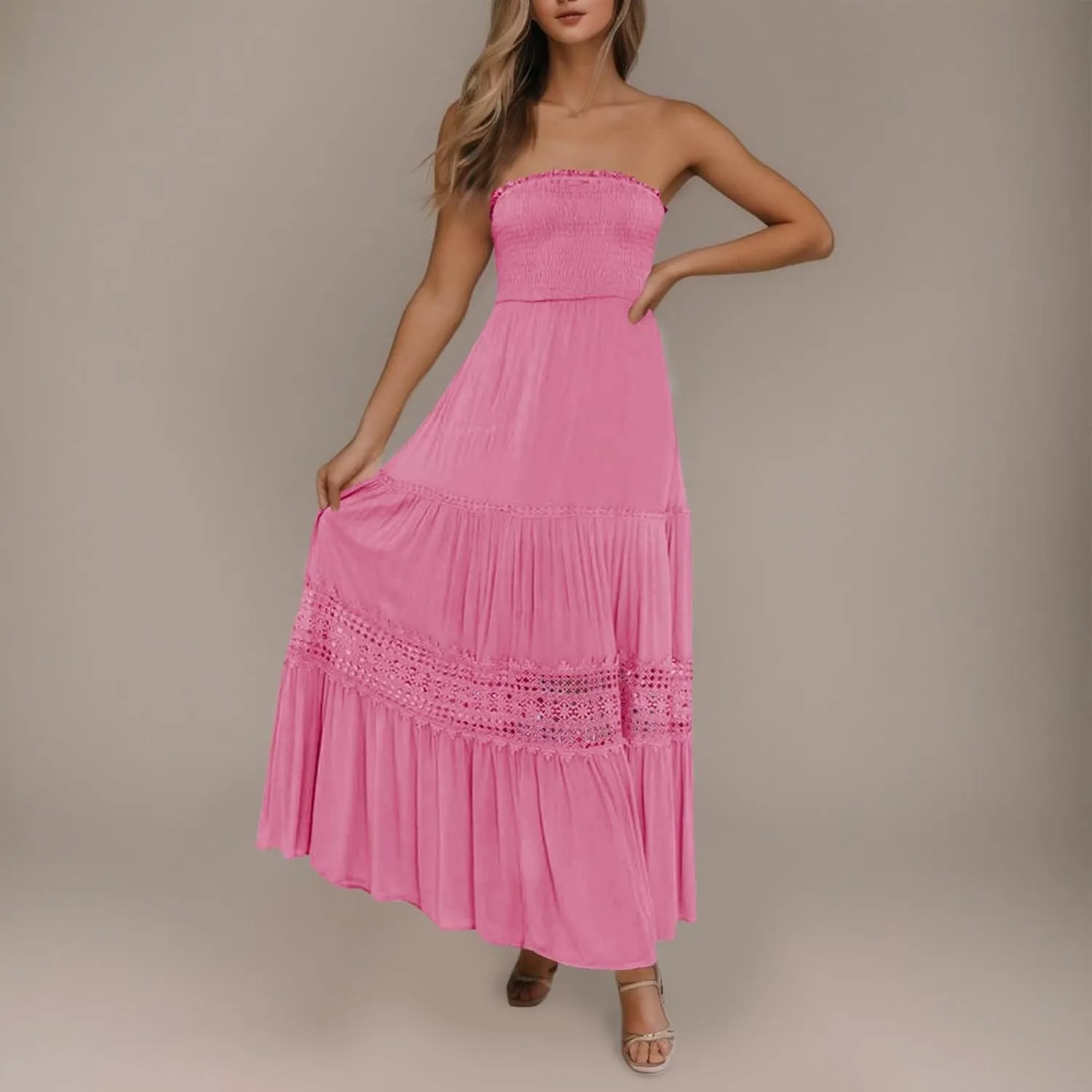 Women's Maxi Dress 2025 Summer Off Shoulder Smocked Tiered Ruffle Long Flowy Dresses Casual Beach Sundress