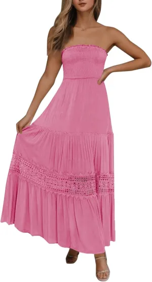 Women's Maxi Dress 2025 Summer Off Shoulder Smocked Tiered Ruffle Long Flowy Dresses Casual Beach Sundress
