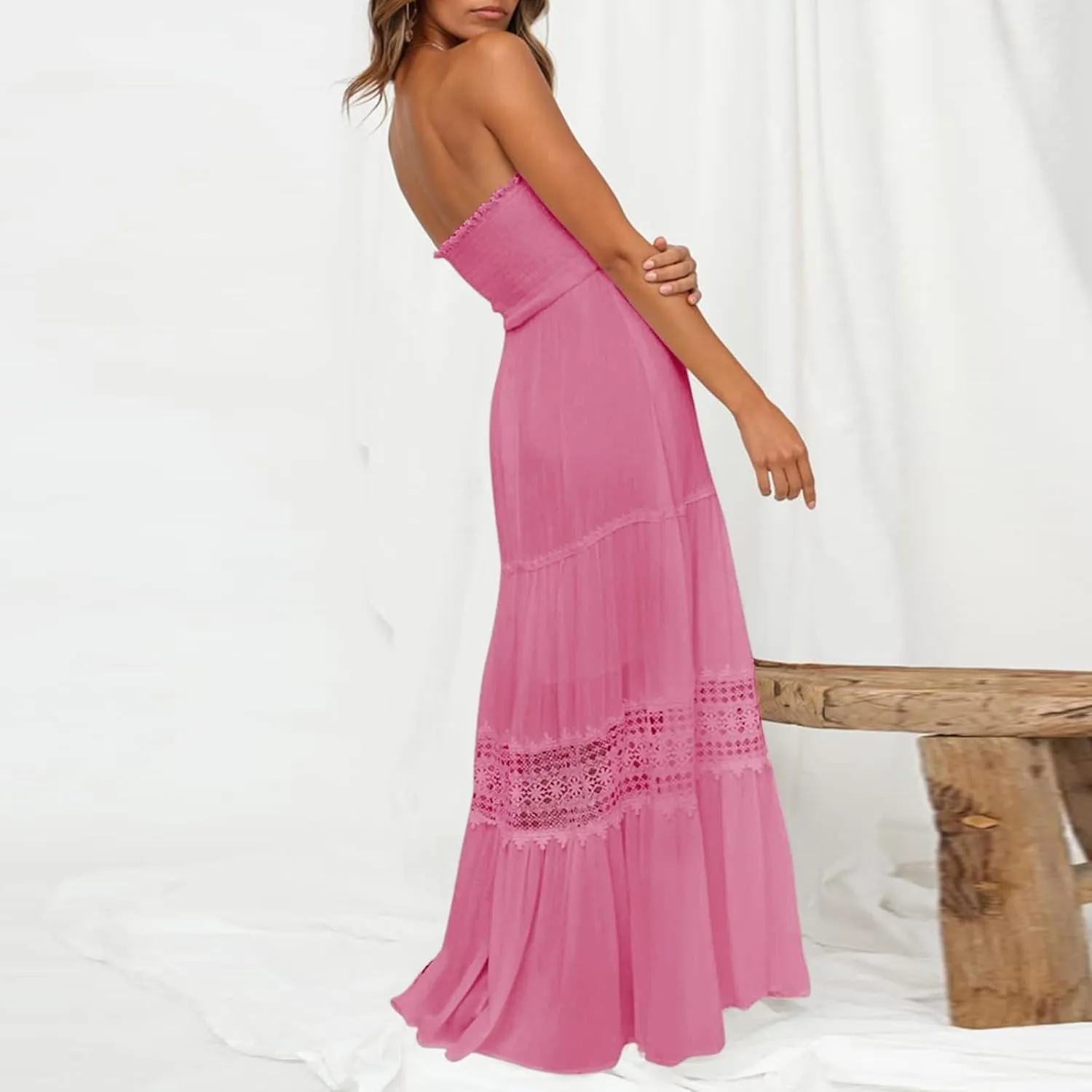 Women's Maxi Dress 2025 Summer Off Shoulder Smocked Tiered Ruffle Long Flowy Dresses Casual Beach Sundress