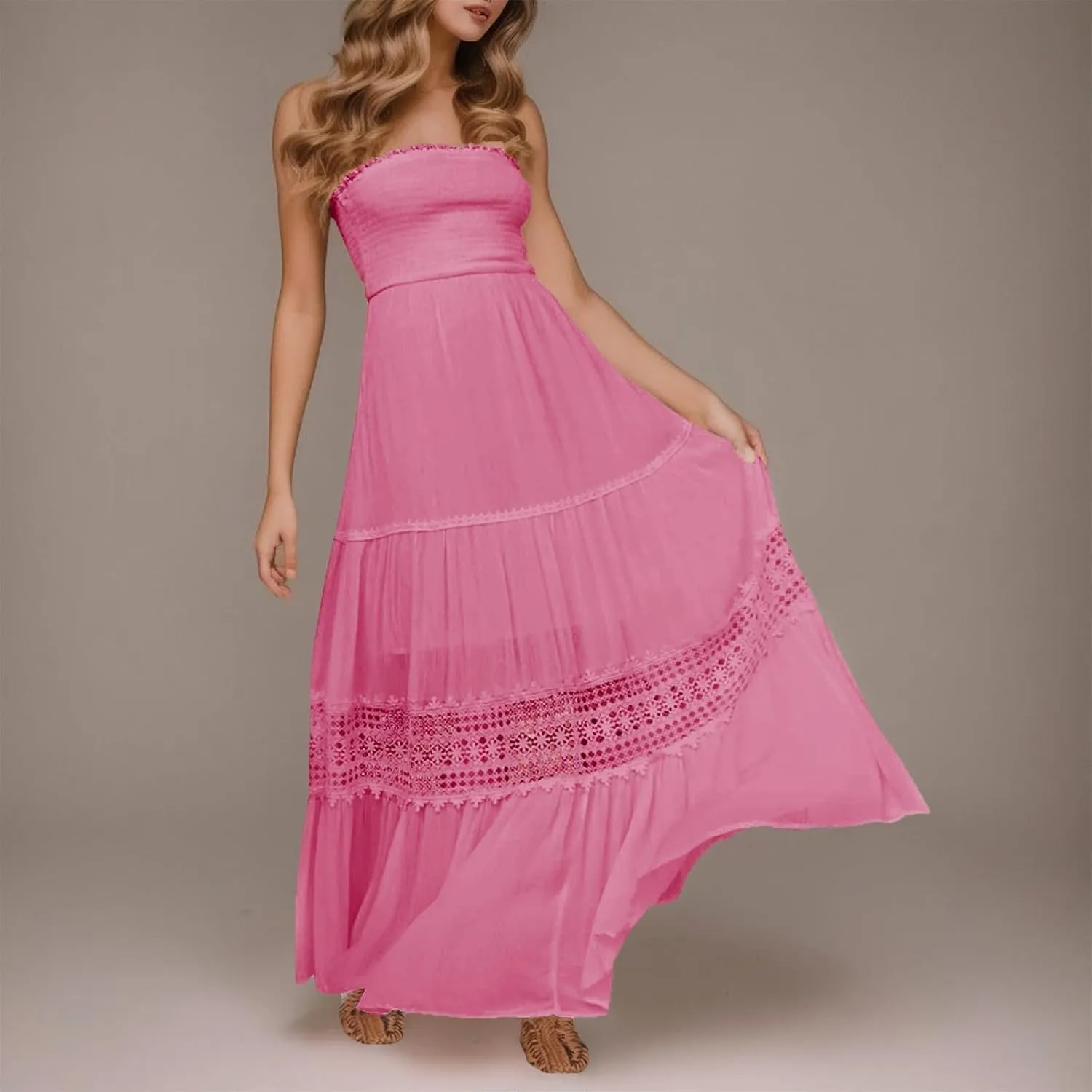 Women's Maxi Dress 2025 Summer Off Shoulder Smocked Tiered Ruffle Long Flowy Dresses Casual Beach Sundress