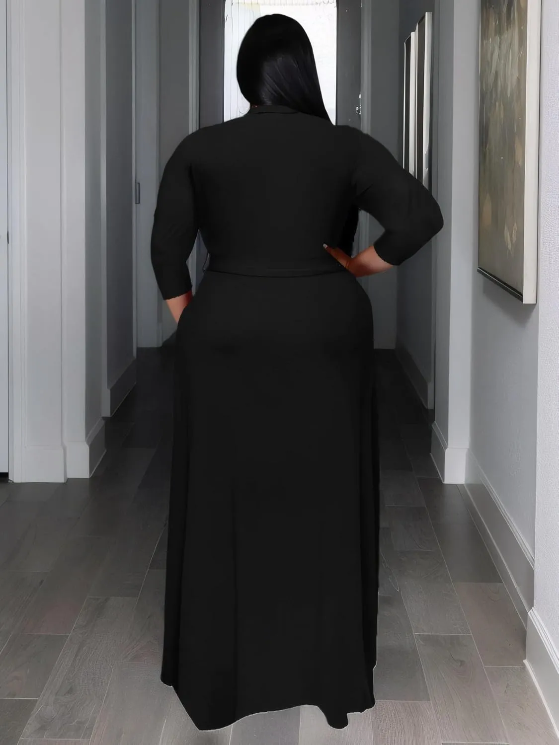 Women's Plus Size Long Maxi Wrap Dresses V Neck 3/4 Sleeve Summer Sundress with Belt