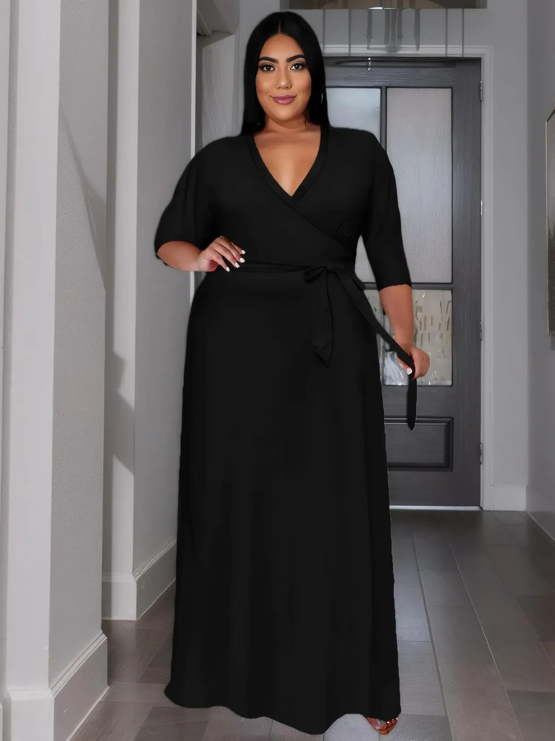 Women's Plus Size Long Maxi Wrap Dresses V Neck 3/4 Sleeve Summer Sundress with Belt