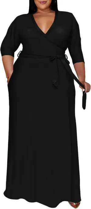 Women's Plus Size Long Maxi Wrap Dresses V Neck 3/4 Sleeve Summer Sundress with Belt