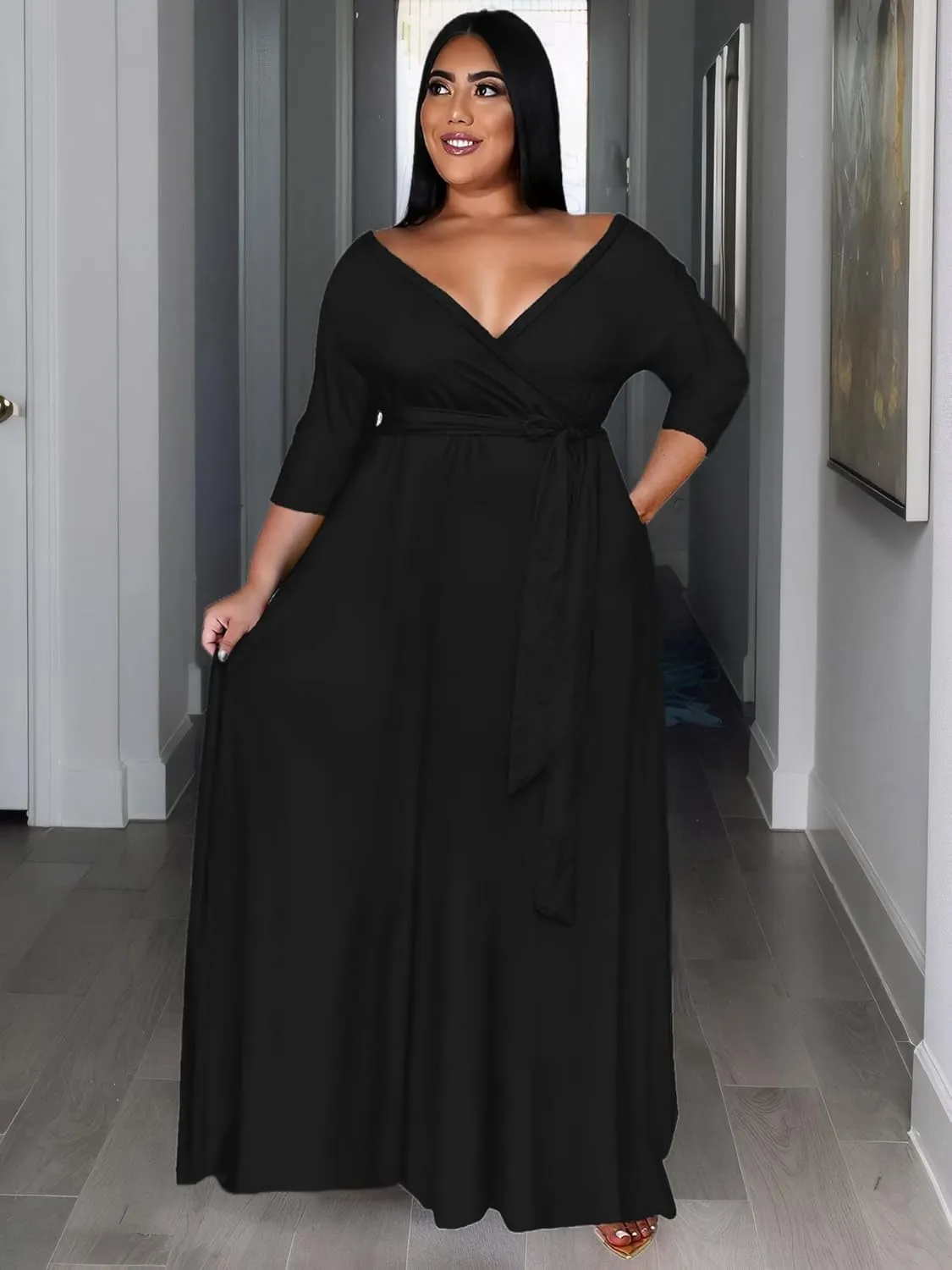Women's Plus Size Long Maxi Wrap Dresses V Neck 3/4 Sleeve Summer Sundress with Belt