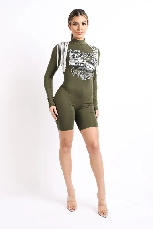 Women's Printed Long Sleeve One Piece Bodycon Short Pants Jumpsuit Romper With Tassel Shoulder