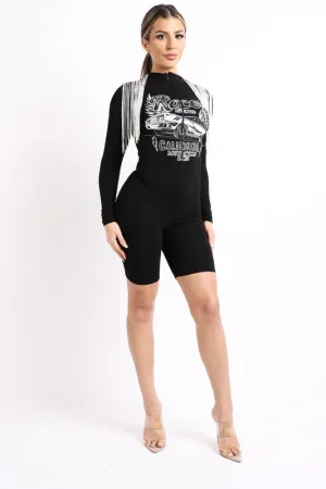 Women's Printed Long Sleeve One Piece Bodycon Short Pants Jumpsuit Romper With Tassel Shoulder