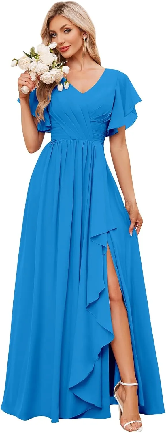 Women's Ruffle Sleeve Bridesmaid Dresses Long Chiffon A-Line V-Neck Empire Waist Formal Dress Evening Gown