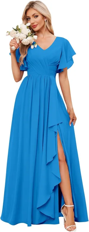 Women's Ruffle Sleeve Bridesmaid Dresses Long Chiffon A-Line V-Neck Empire Waist Formal Dress Evening Gown