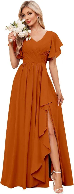 Women's Ruffle Sleeve Bridesmaid Dresses Long Chiffon A-Line V-Neck Empire Waist Formal Dress Evening Gown