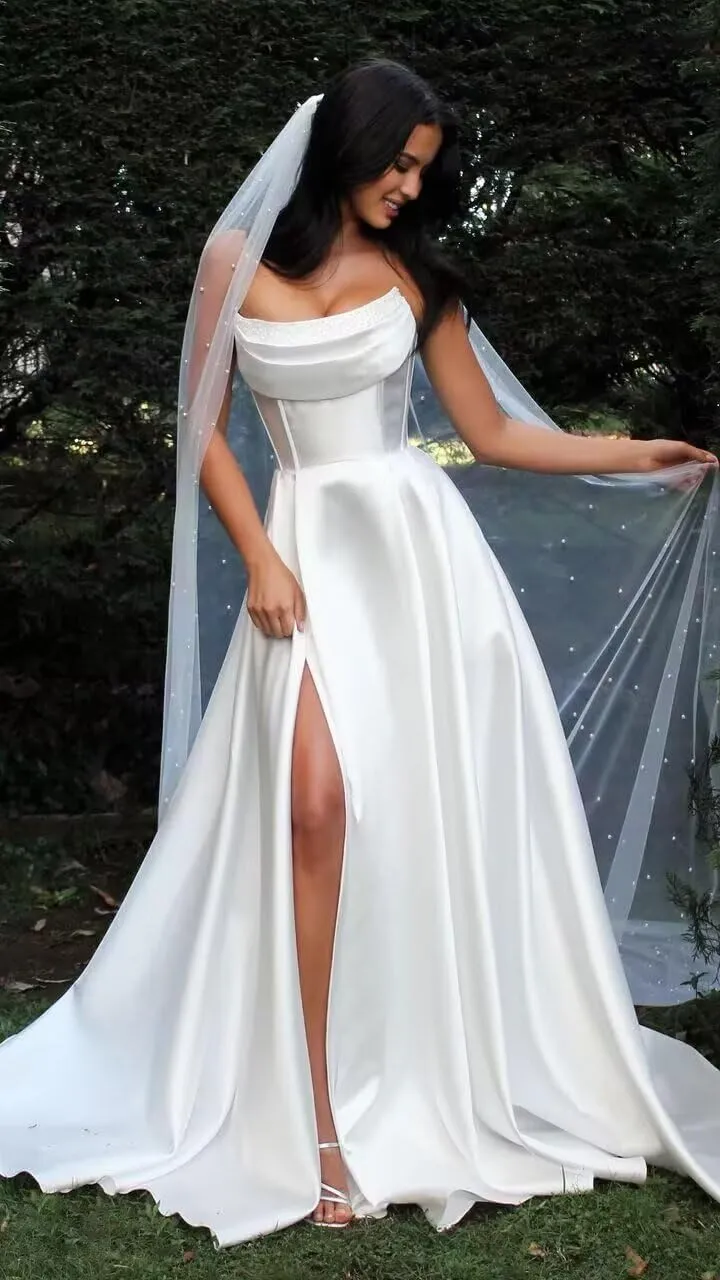 Women's Satin Prom Dresses with Slit 2025 Spaghetti Straps Sequin Cowl Neck Formal Dress with Pockets