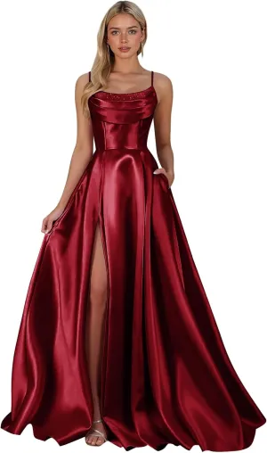 Women's Satin Prom Dresses with Slit 2025 Spaghetti Straps Sequin Cowl Neck Formal Dress with Pockets