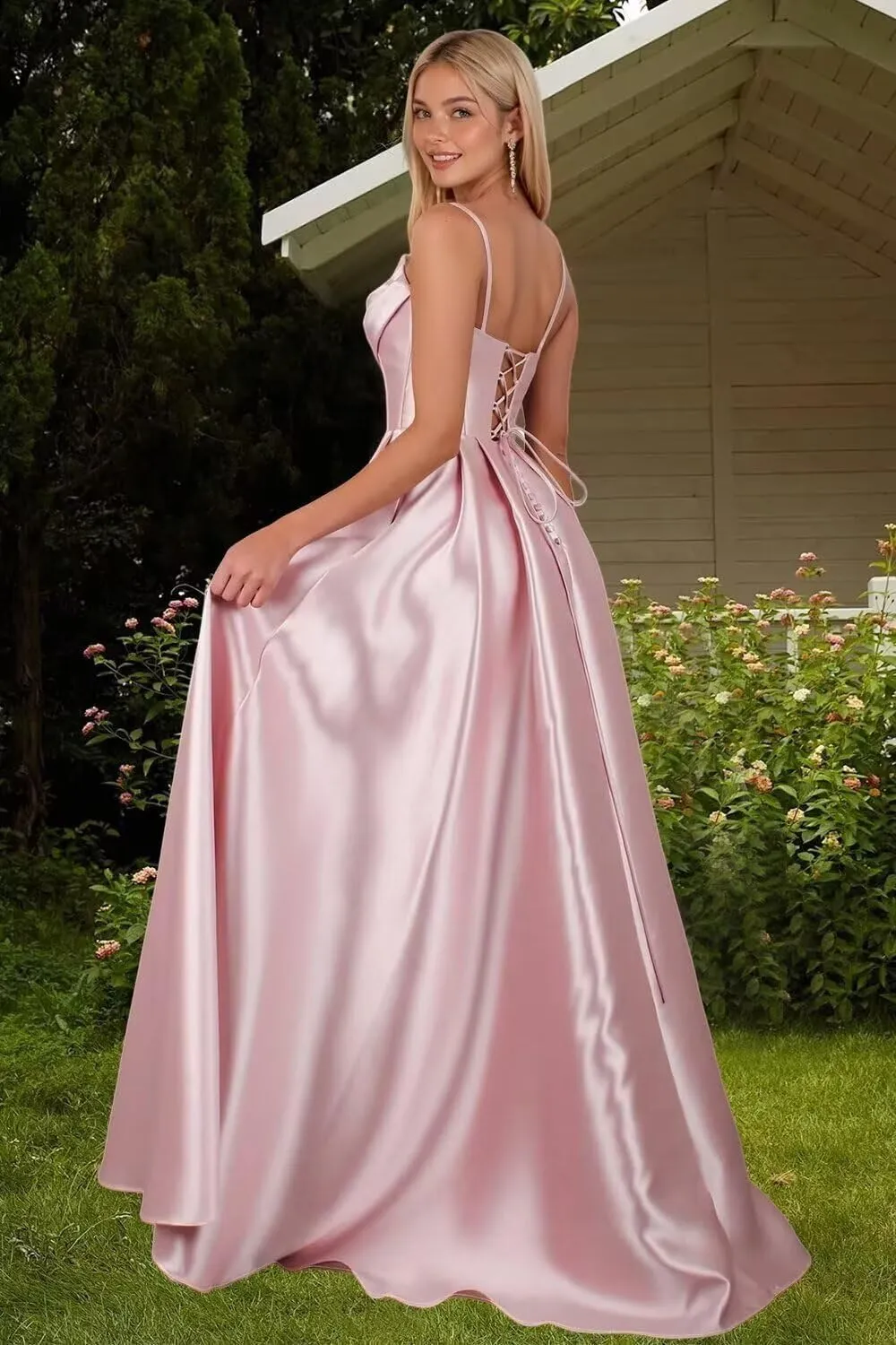 Women's Satin Prom Dresses with Slit 2025 Spaghetti Straps Sequin Cowl Neck Formal Dress with Pockets