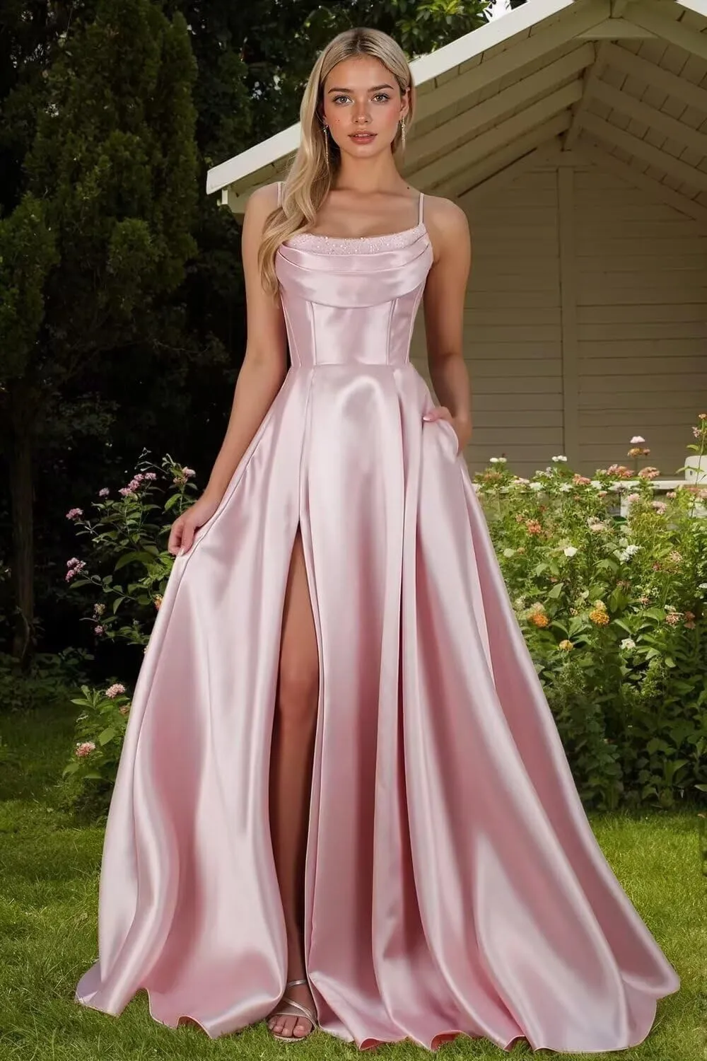 Women's Satin Prom Dresses with Slit 2025 Spaghetti Straps Sequin Cowl Neck Formal Dress with Pockets