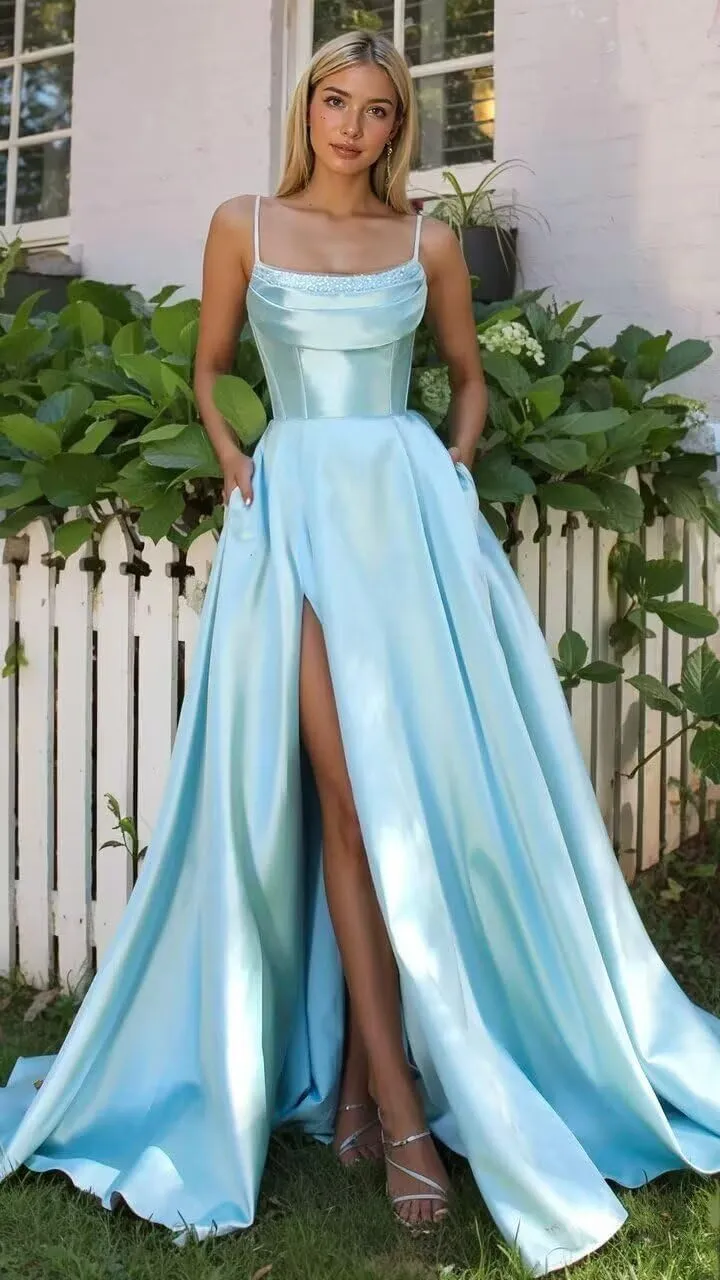 Women's Satin Prom Dresses with Slit 2025 Spaghetti Straps Sequin Cowl Neck Formal Dress with Pockets