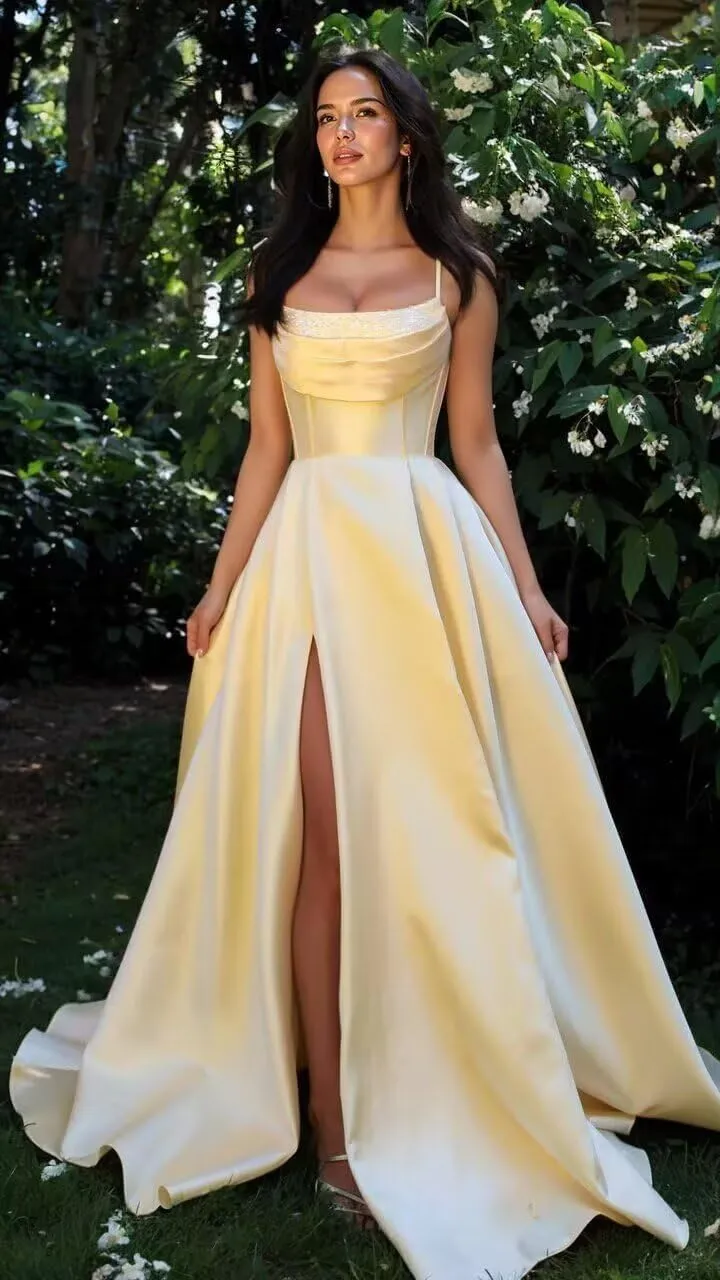 Women's Satin Prom Dresses with Slit 2025 Spaghetti Straps Sequin Cowl Neck Formal Dress with Pockets