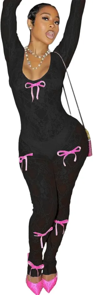 Women's Sheer Lace Long Sleeve Sexy See Through Bowknot Decor Bodycon Jumpsuit Unitard Bodysuit Date Night Outfits
