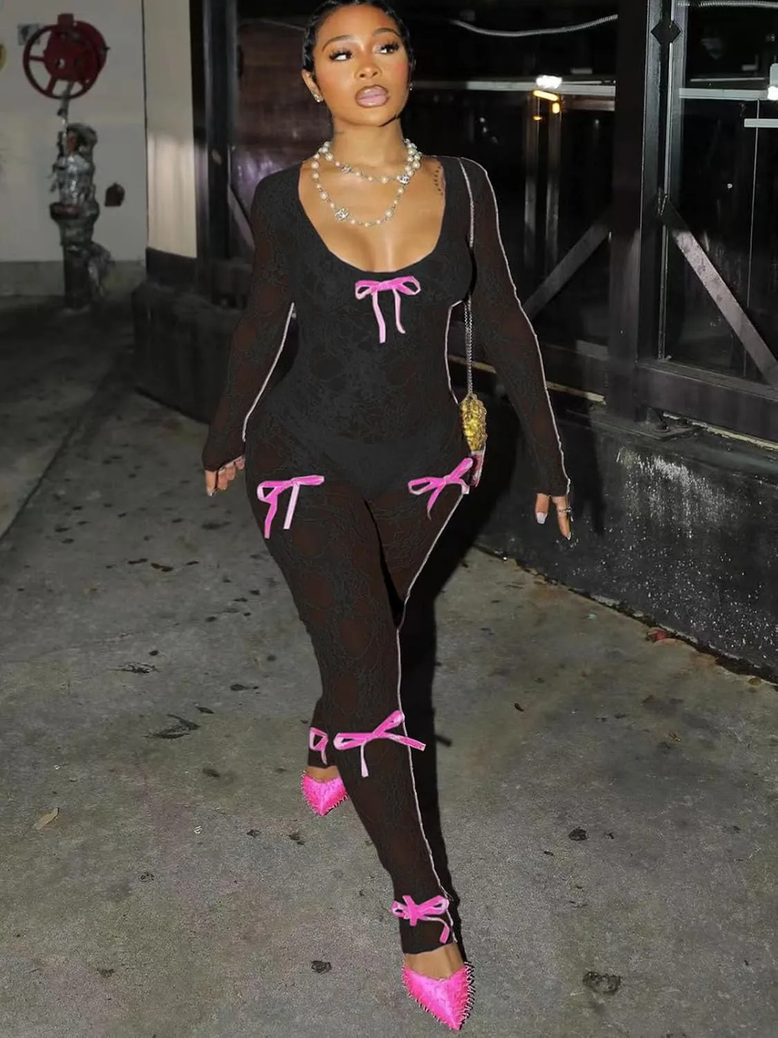 Women's Sheer Lace Long Sleeve Sexy See Through Bowknot Decor Bodycon Jumpsuit Unitard Bodysuit Date Night Outfits