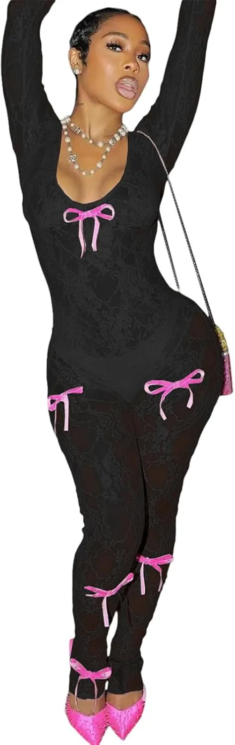 Women's Sheer Lace Long Sleeve Sexy See Through Bowknot Decor Bodycon Jumpsuit Unitard Bodysuit Date Night Outfits