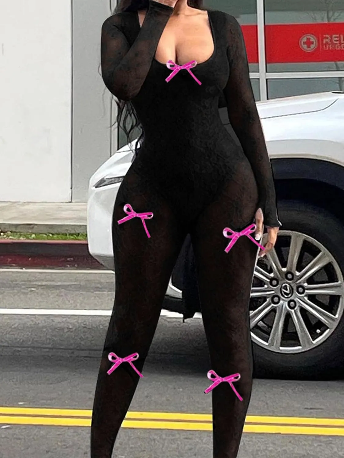 Women's Sheer Lace Long Sleeve Sexy See Through Bowknot Decor Bodycon Jumpsuit Unitard Bodysuit Date Night Outfits