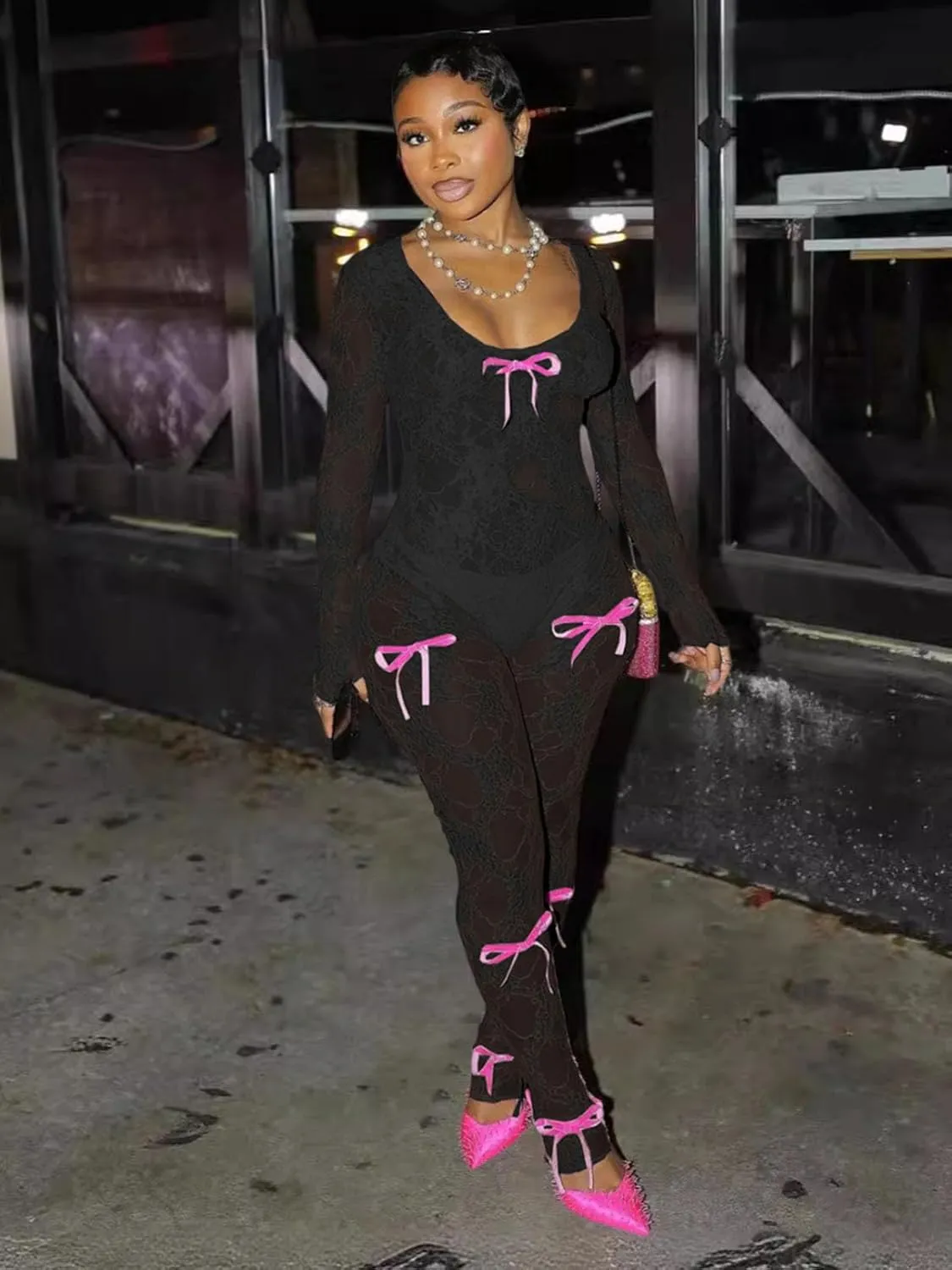Women's Sheer Lace Long Sleeve Sexy See Through Bowknot Decor Bodycon Jumpsuit Unitard Bodysuit Date Night Outfits