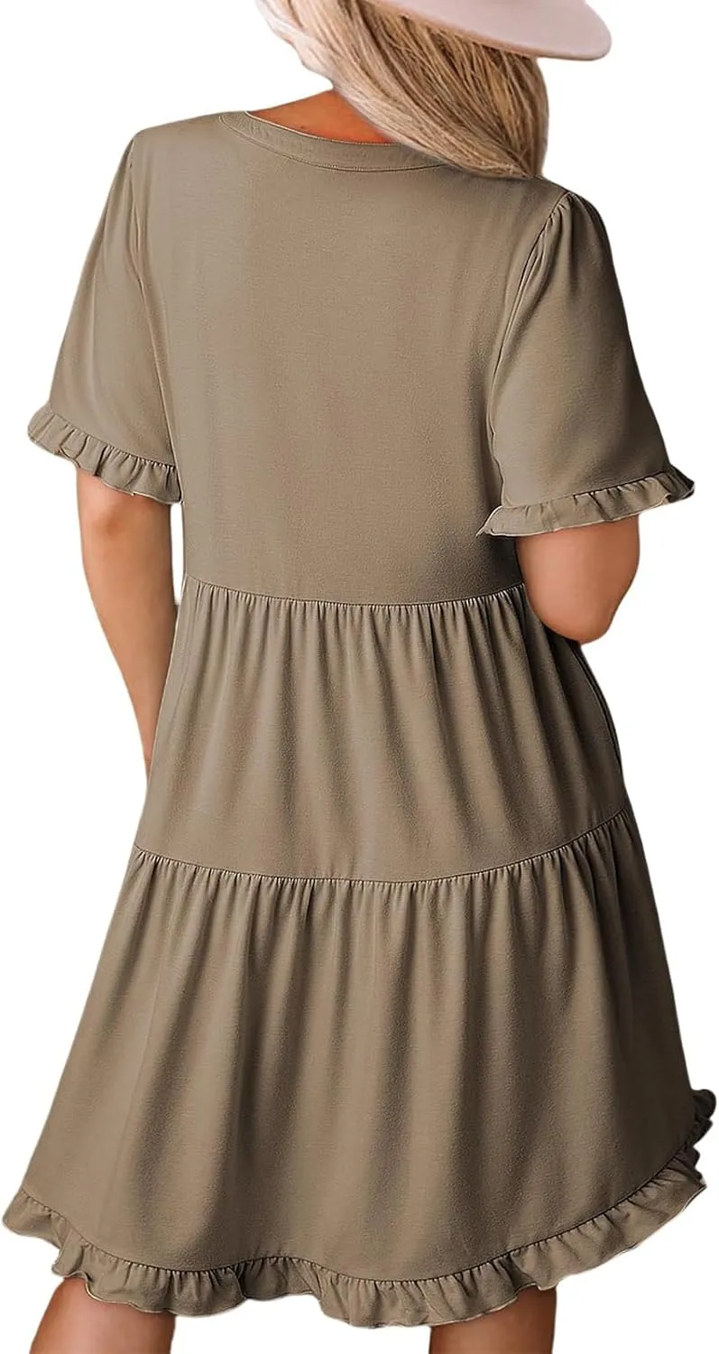 Womens Short Sleeve Dresses Summer V Neck A Line Ruffle Shift Dress Spring Casual Flowy Swing Beach Mini Dress