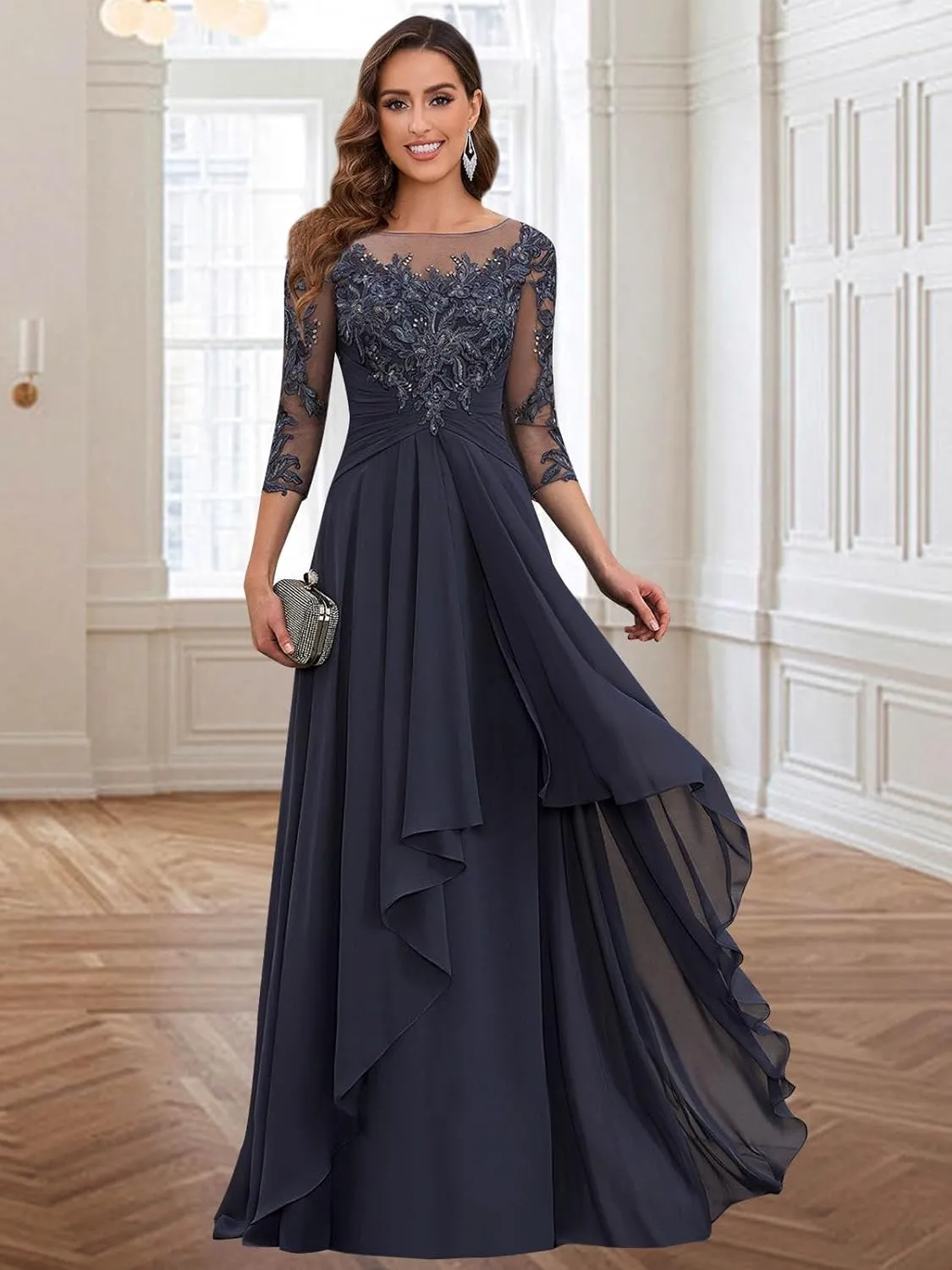 Women's Short Sleeve Mother of The Bride Dresses for Wedding Long Chiffon A Line Ruffles Formal Party Evening Gowns