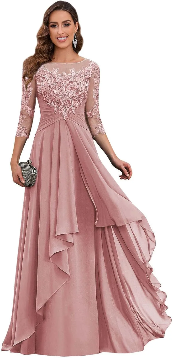 Women's Short Sleeve Mother of The Bride Dresses for Wedding Long Chiffon A Line Ruffles Formal Party Evening Gowns